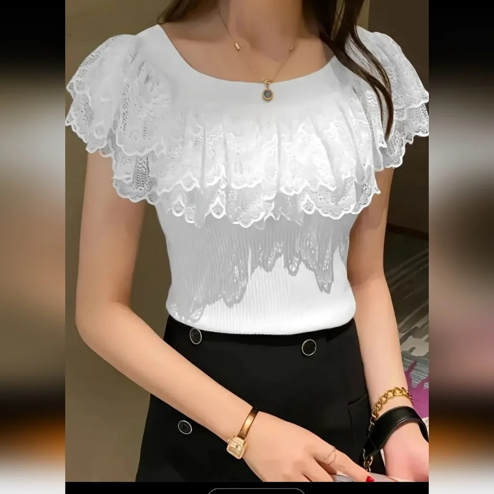 NWOT Shein White Lace Elegant Ribbed Top  Women's Size L